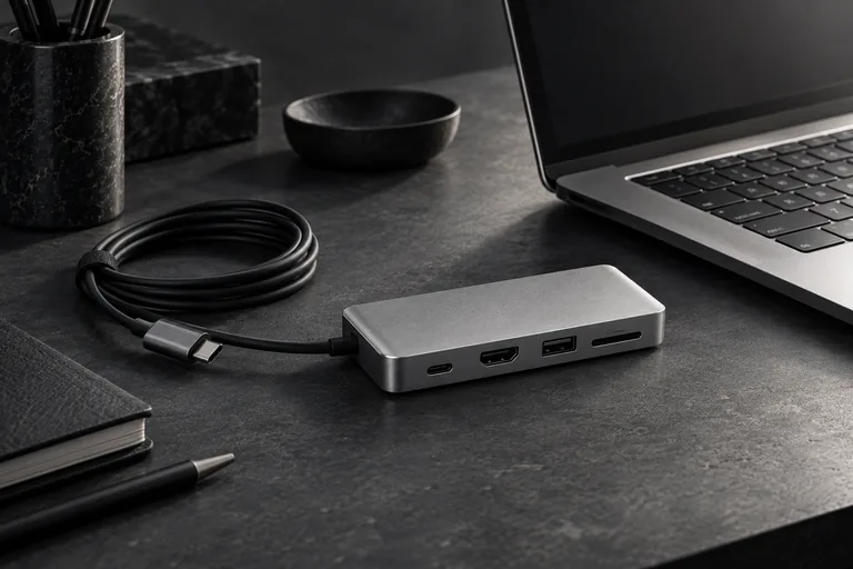 A compact metal dock and coiled cable beside a laptop.
